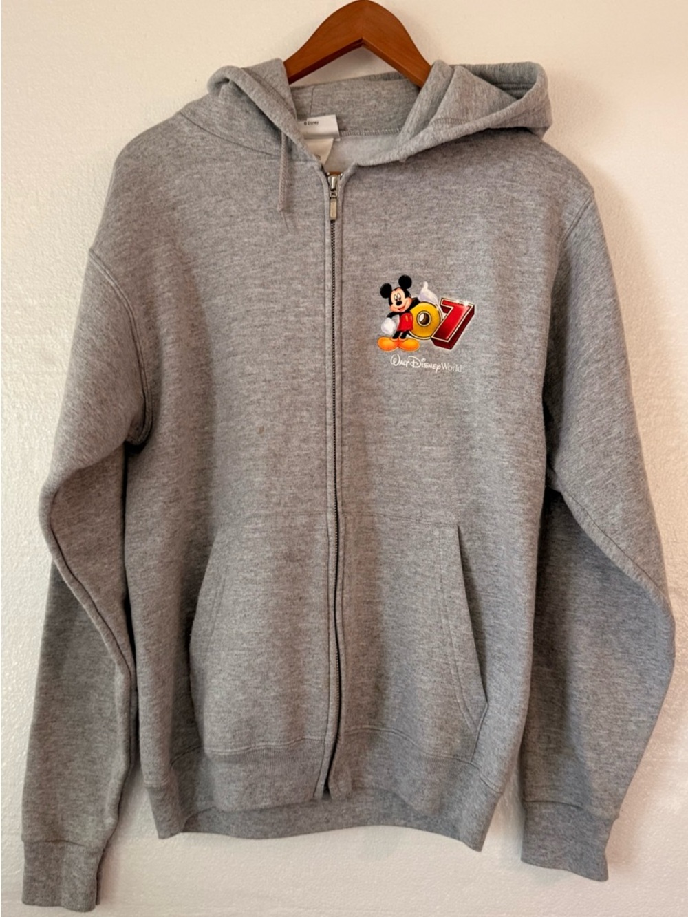 Disney Gray Mickey Mouse Zip-Up Hoodie with Number 07 Patch